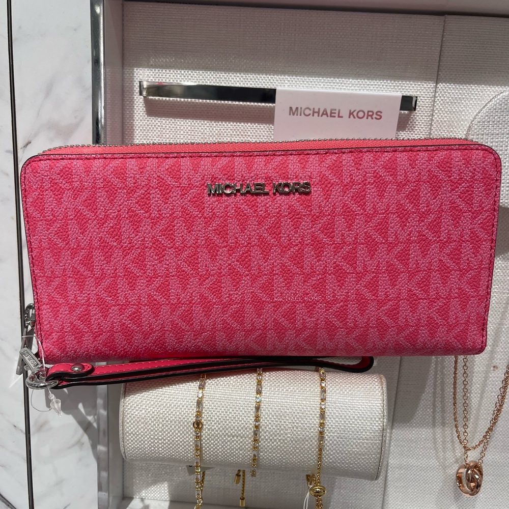 MICHAEL KORS Jet Set Large Signature Logo Continental Wallet Wristlet Hibiscus - Picture 8 of 16